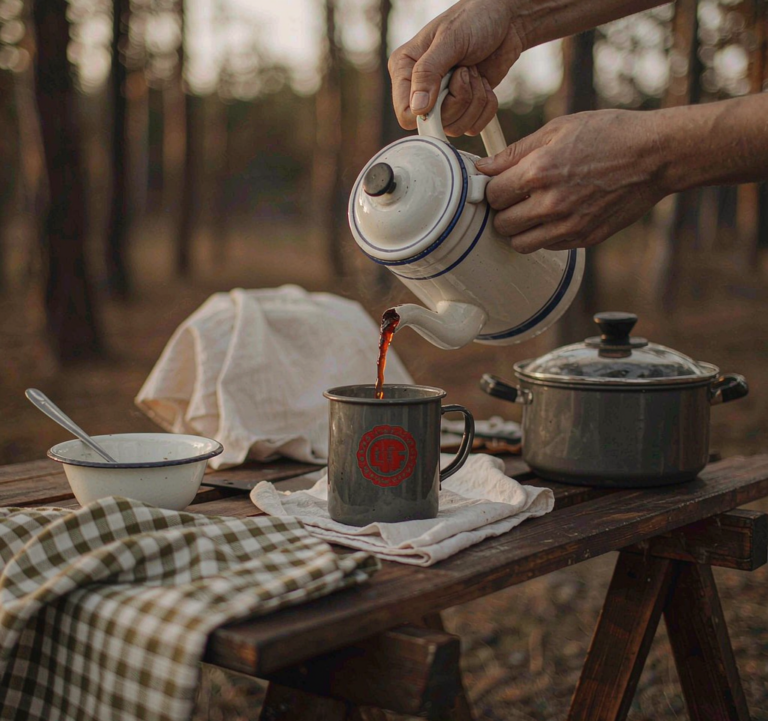 Pouring coffee at a wooden camp table in the forest