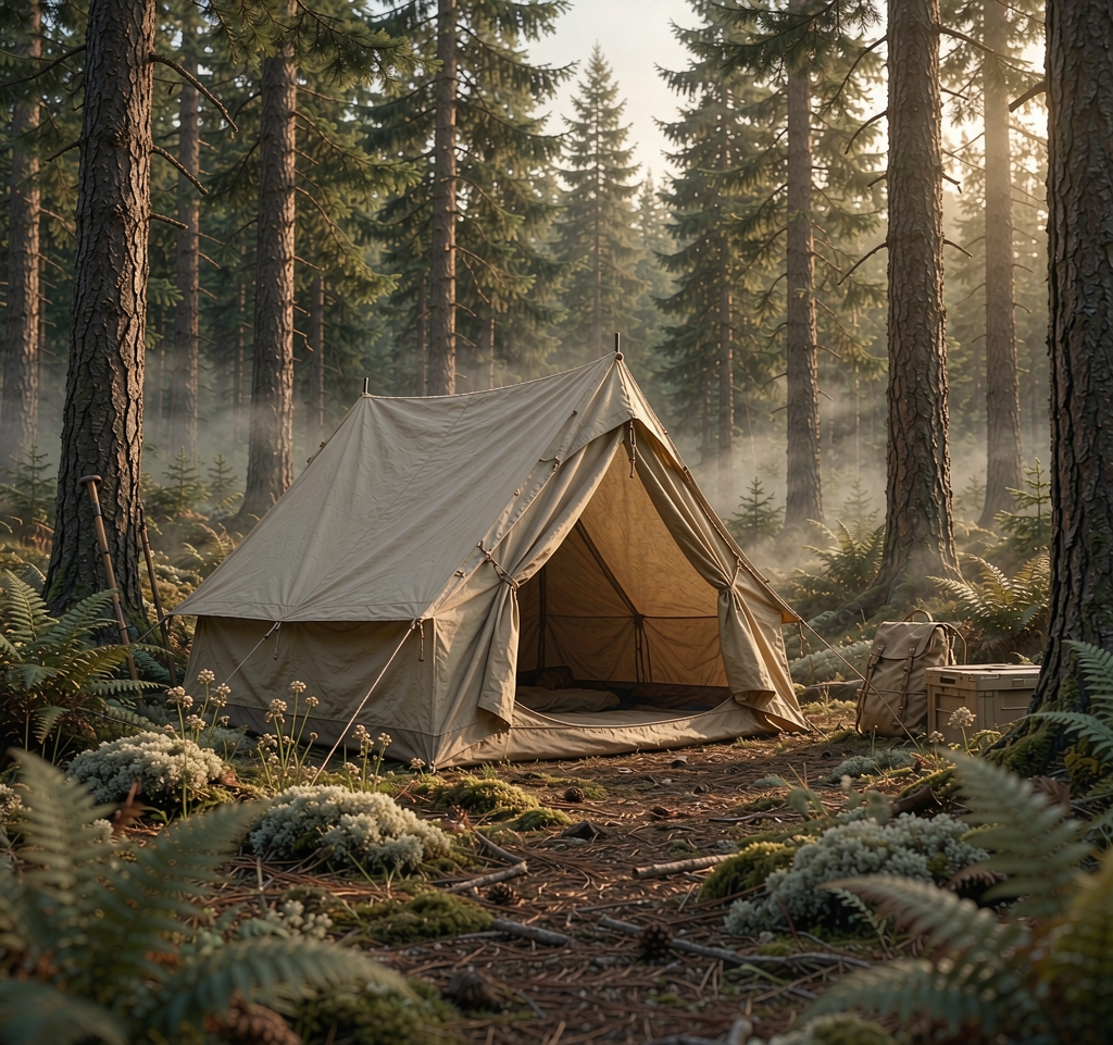 Canvas tent among tall pine trees in morning mist