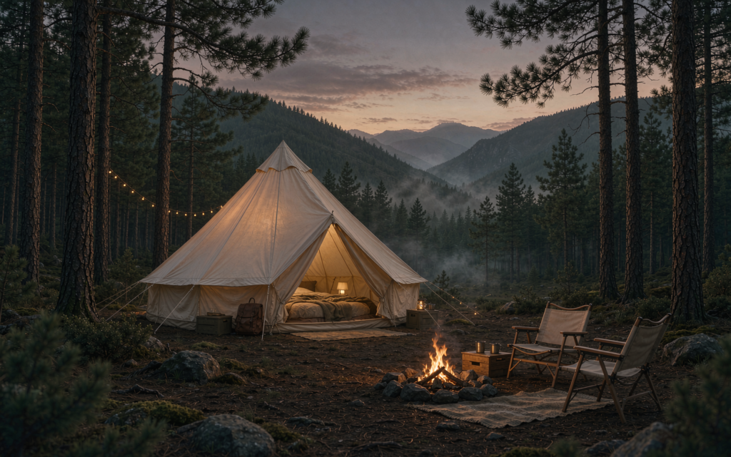 Bell tent glowing at dusk in a pine forest clearing