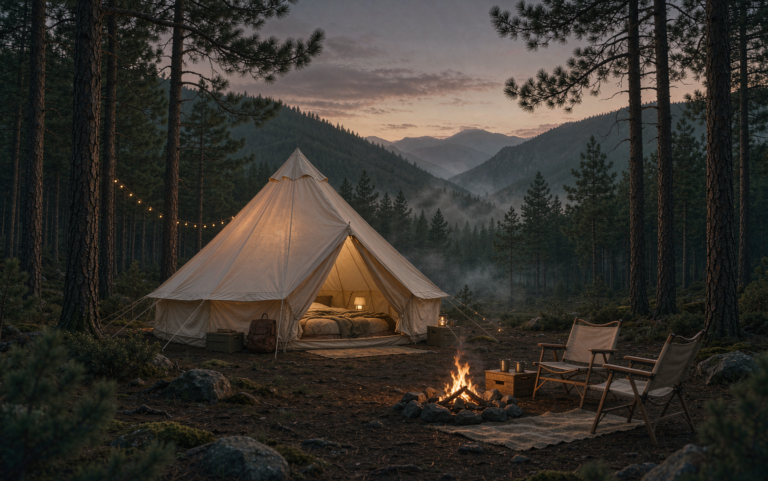 Bell tent glowing at dusk in a pine forest clearing