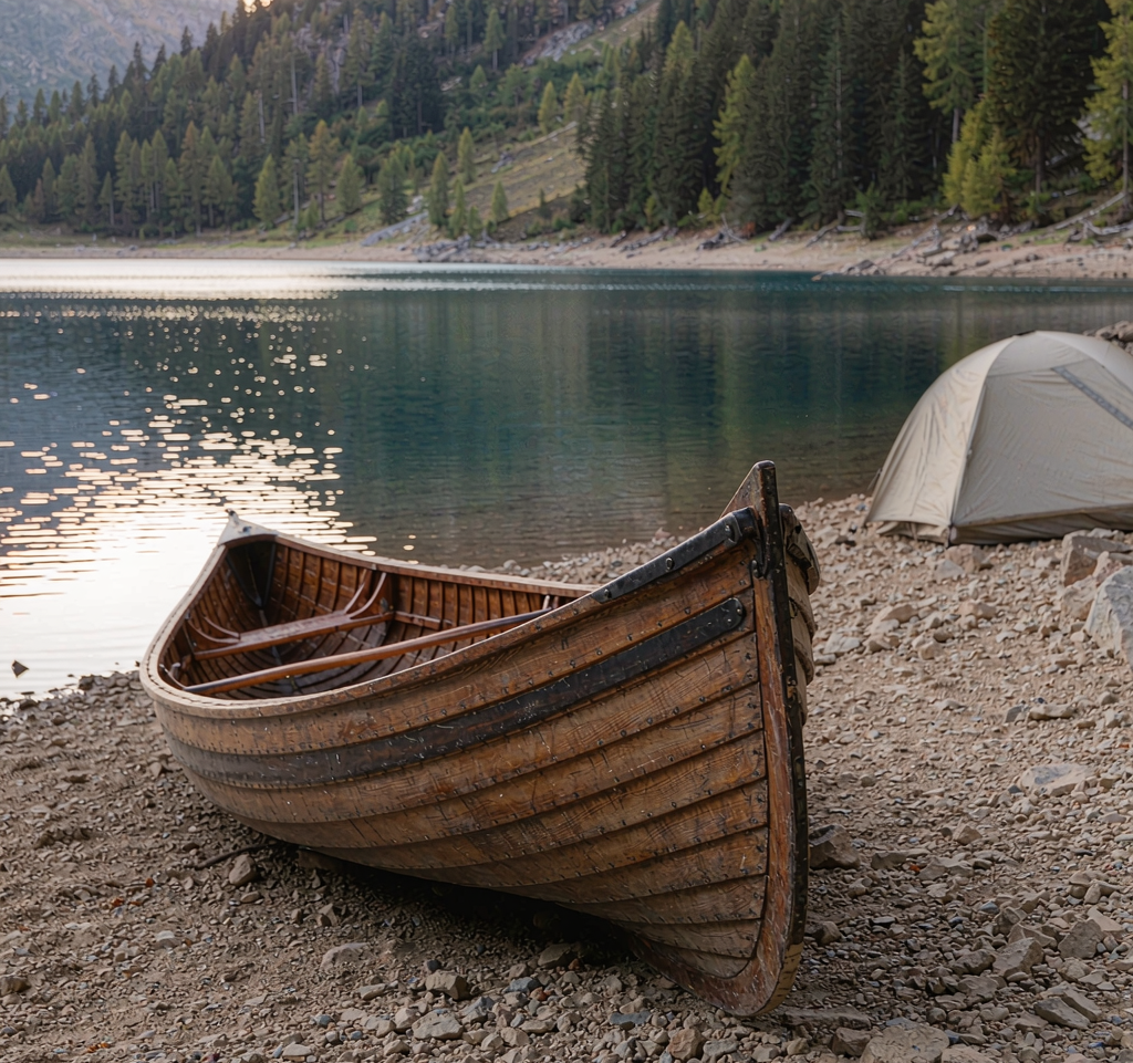 Canoe and tent on the shore of a calm alpine lake at sunrise