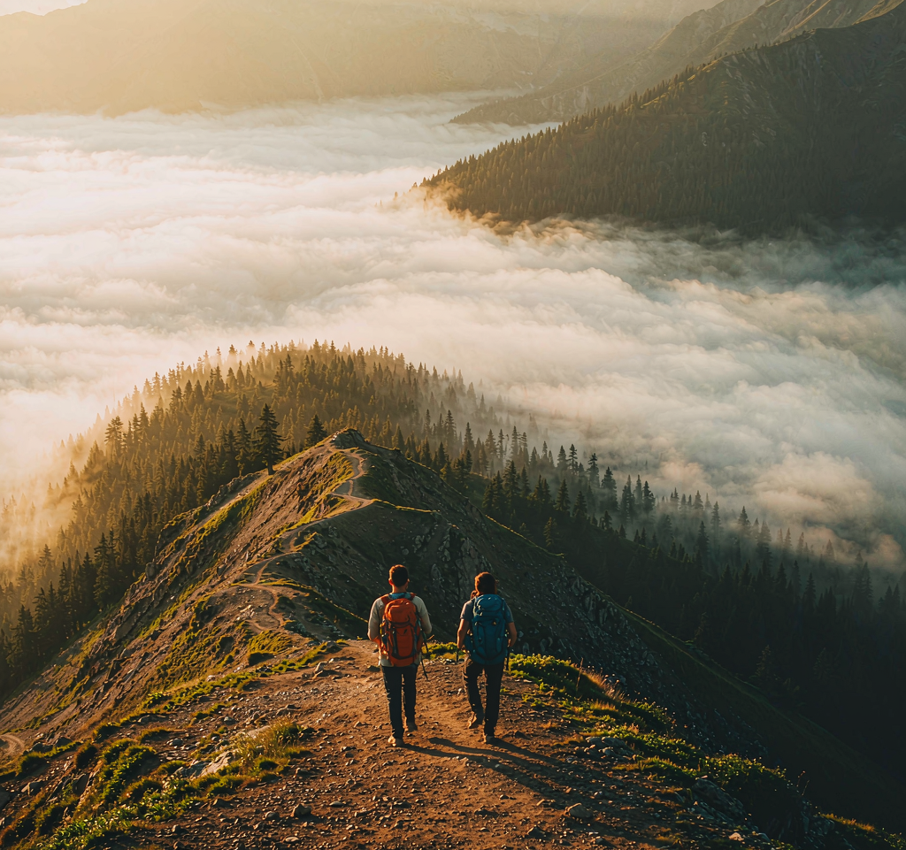 Two hikers on a ridge trail above morning mist